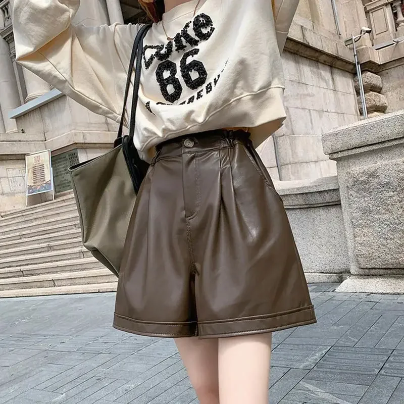 PU Leather Shorts Women M-4XL Baggy Pure Color Streetwear High Waisted Personality Hotsweet Design Korean Шорты Fashion Trousers