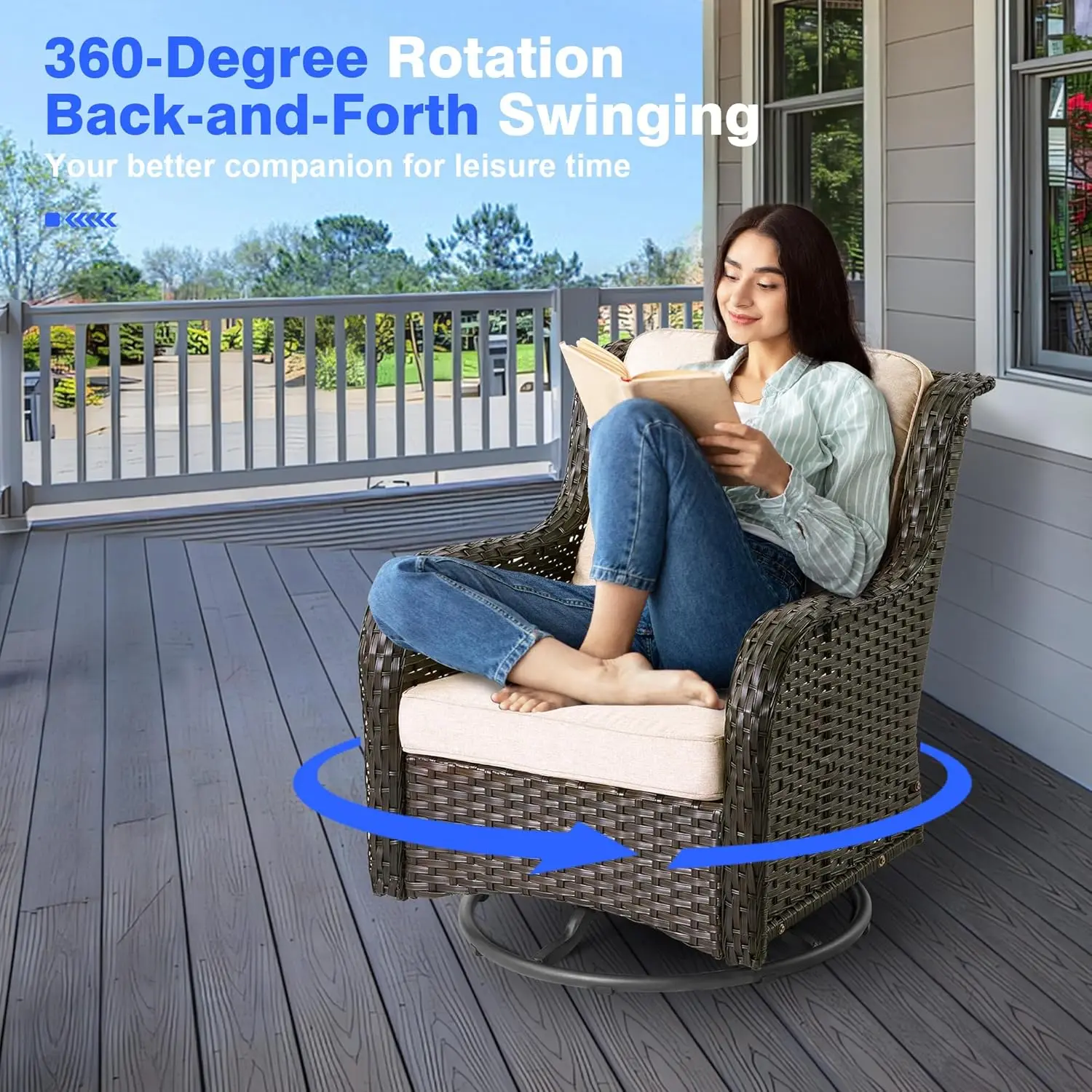 Outdoor Furniture Patio Swivel Rocking Chair Set,All Weather Wicker Couch with Side Table,High Back Sofa,Ottoman,Coffee Table