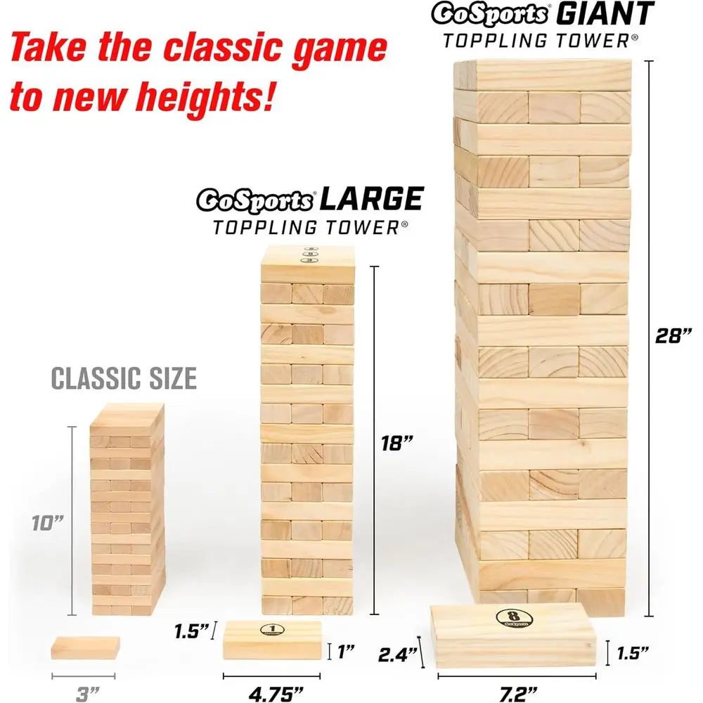 Gioco gigante in legno con torre cadente - fino a 5 piedi di altezza - Seleziona marrone, grigio, naturale, patriottico o finitura tropicale