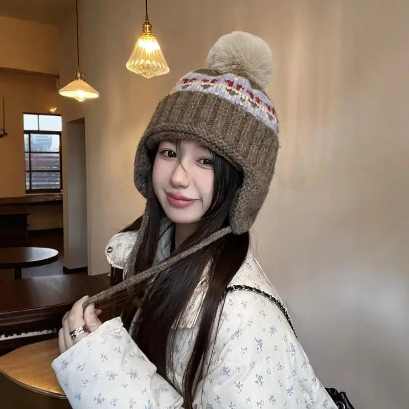 عادل جزيرة نمط الرجعية الجاكار محبوك بيني قبعة للنساء الخريف الشتاء الدافئة تنوعا لطيف بوم بوم حماية الأذن قبعة #3
