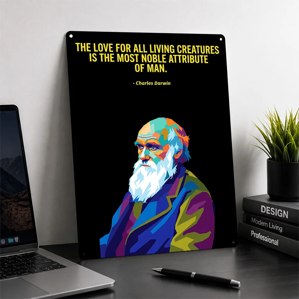 Charles Darwin Pop Art Portrait Personalized 3D Textured Metal Poster Wall Art Tinplate Sign for Decor Room Funny Signs Home Tin