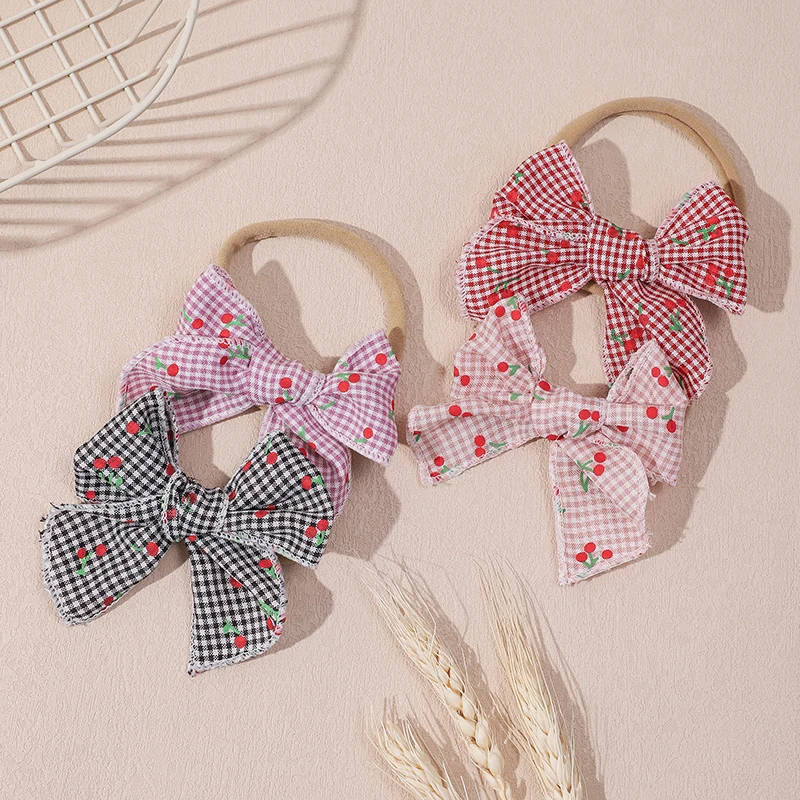 Cute Baby Bows With Headband For Girls Elastic Plaid Cherry Bowknot Newborn Turban Kids Headwear Soft Children Hair Accessories