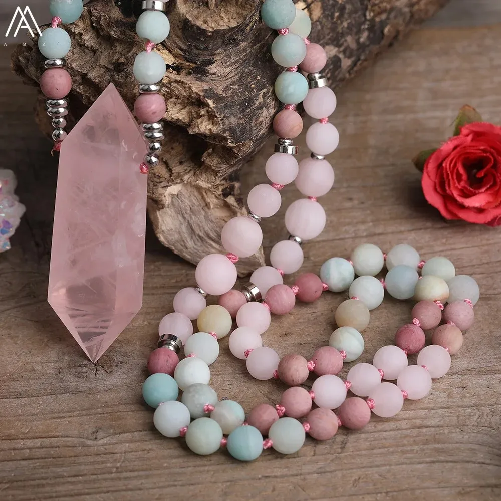 Colgante de doble punta de cuarzo rosa Natural, cuentas redondas de cuarzo, amazonita mate, rosas, cordón anudado, collar de Mala, joyería, 8mm