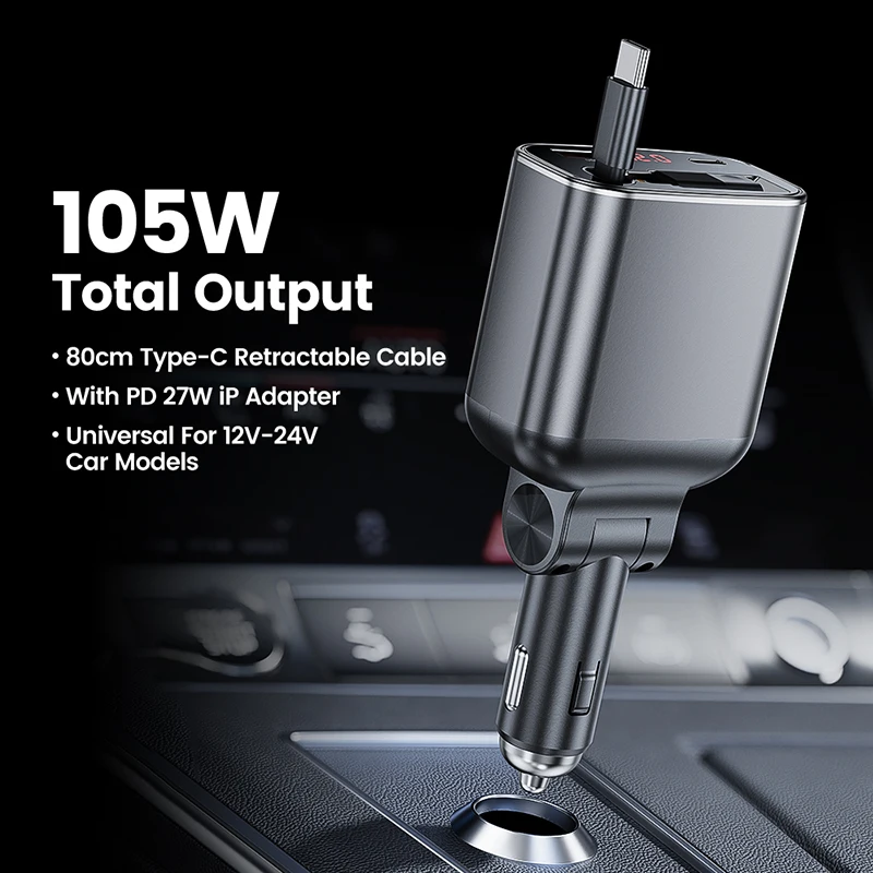 

Автомобильное зарядное устройство 105 Вт, выдвижной кабель 4 в 1, PPS QC PD, 30 Вт, быстрое автомобильное зарядное устройство для телефона для iPhone 15 14 13 Pro iPad Samsung S23, новинка