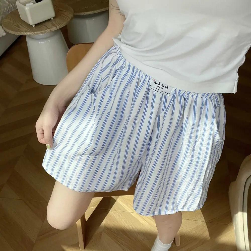 Spring Summer Casual Shorts Women Baggy High Waist Stripe Short Pants with Pocket Elastic Waistband Thin Loose Shorts