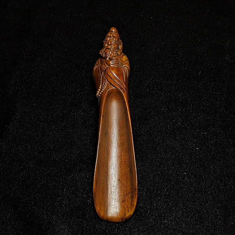 1919 Antique art Size 5.9 Inch Old Chinese boxwood hand carved Bodhidharma Buddha Figure Statue Tea Spoon Gift Collection