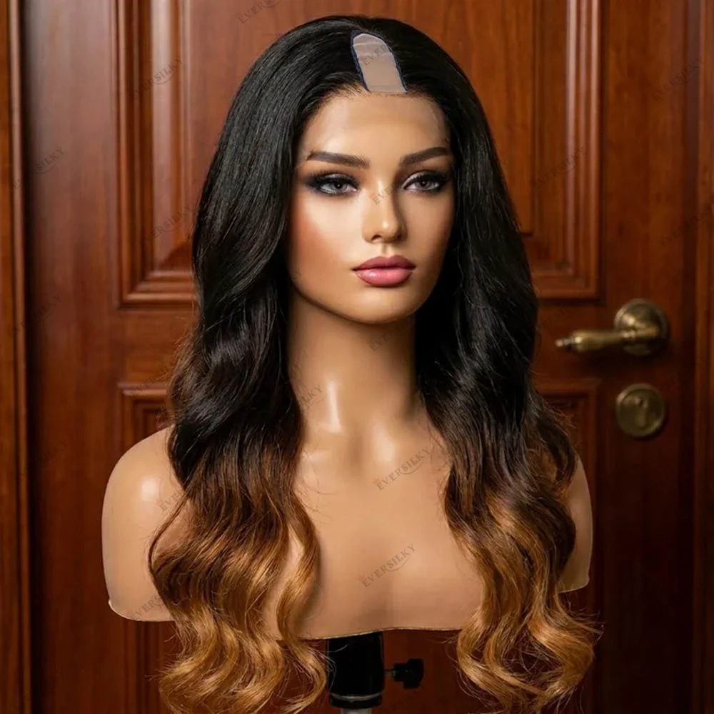 Glueless Long Remy Indian Human Hair Ombre Wavy 200Density Cheap U Part Wig for Black Women with Clips&Combs Adjustable V Part