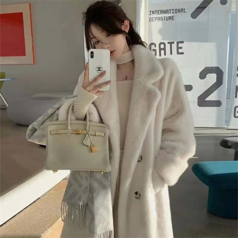 Women Mink Faux Fur Coat Solid Female Turn Collar Winter Fur Jacket Lady Thicken Cotton Padded Parkas Long Warm Fur Overcoat