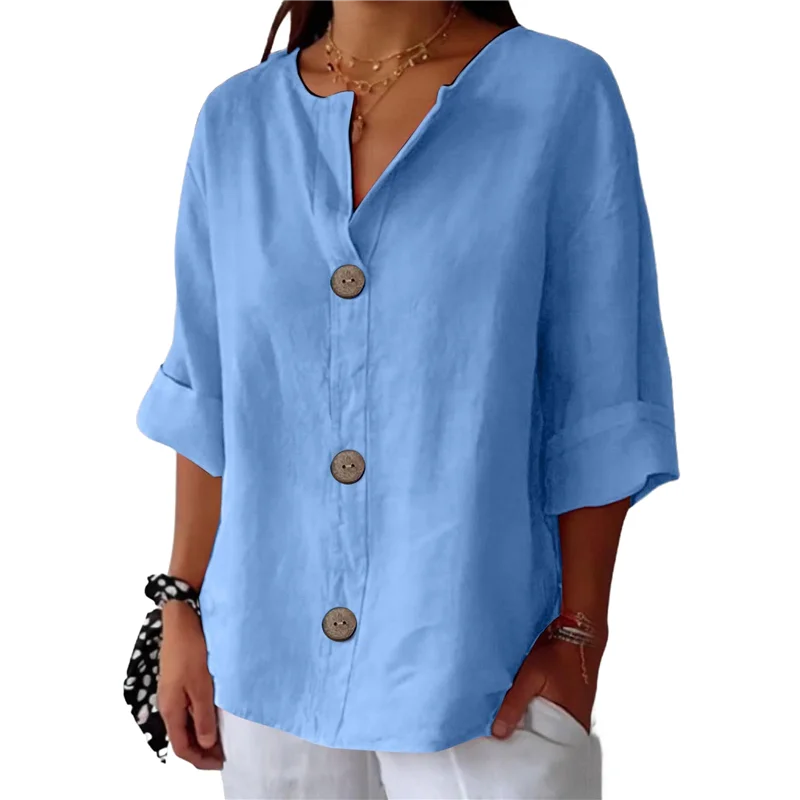 

ASDS-Women Linen Shirts V Neck 3/4 Sleeve Tops Loose Vacation Beach Solid Blouses Tunic Tops