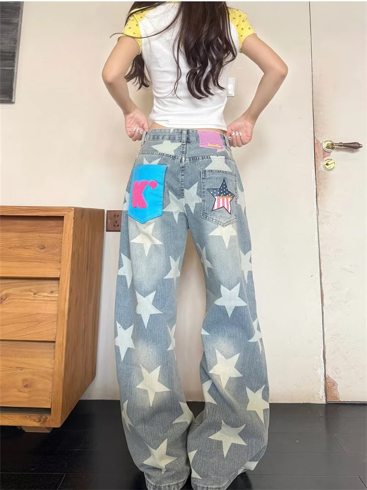 Women's Star Patterned Printed Jeans Cool Girl Bottoms Wide Leg Sweatpants Retro Street Blue Casual Pant Female High Waist Pants