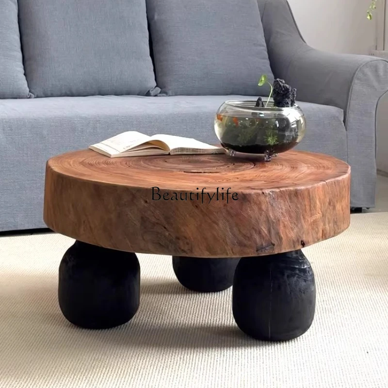 

French Vintage Solid Wood Round Coffee Table Original Wood Retro Creative Table