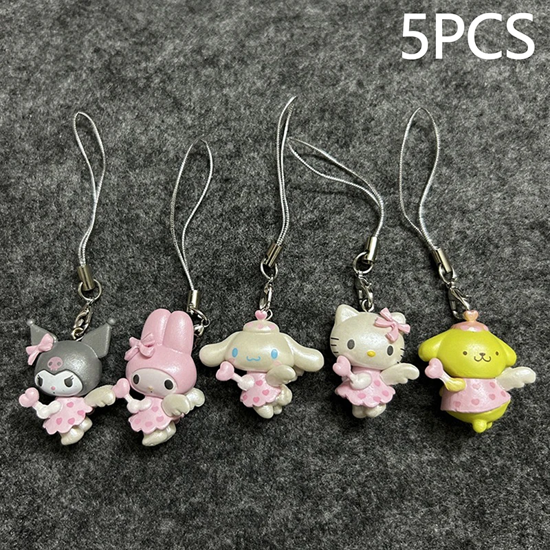 

Набор из 5 подвесок для ключей Sanrio с куклой ангела, Hello Kitty Melody Kuromi Cinnamoroll Pompompurin, ремешок для телефона, декоративные подарки