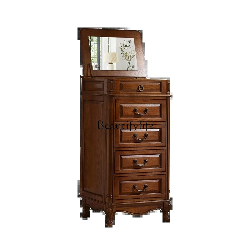 

American all-solid wood bedroom chest dresser integrated flip-top makeup mirror
