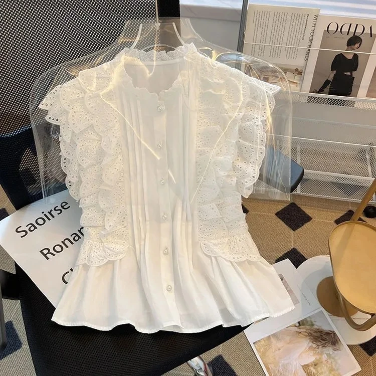 

Ele White Lace irt Women's Faionable Bell Sve Slimming Design Summer ort Top Age-Defng Trendy Casual Wear