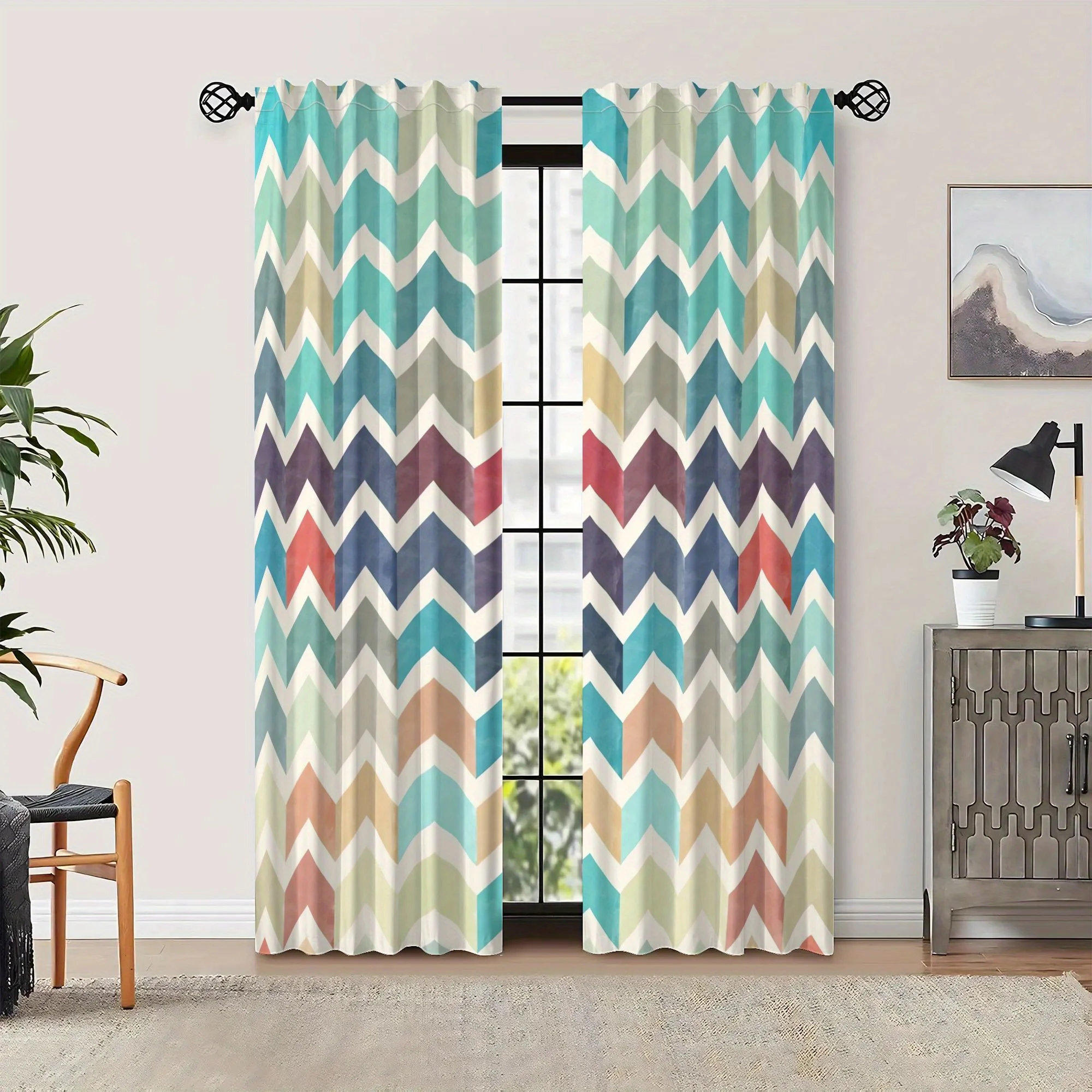 Modern Geometric Chevron Curtains 2pcs Pair Living Room Window Drapes Boho Style Multi Color Teal Navy Neutral Home Decor Curtai
