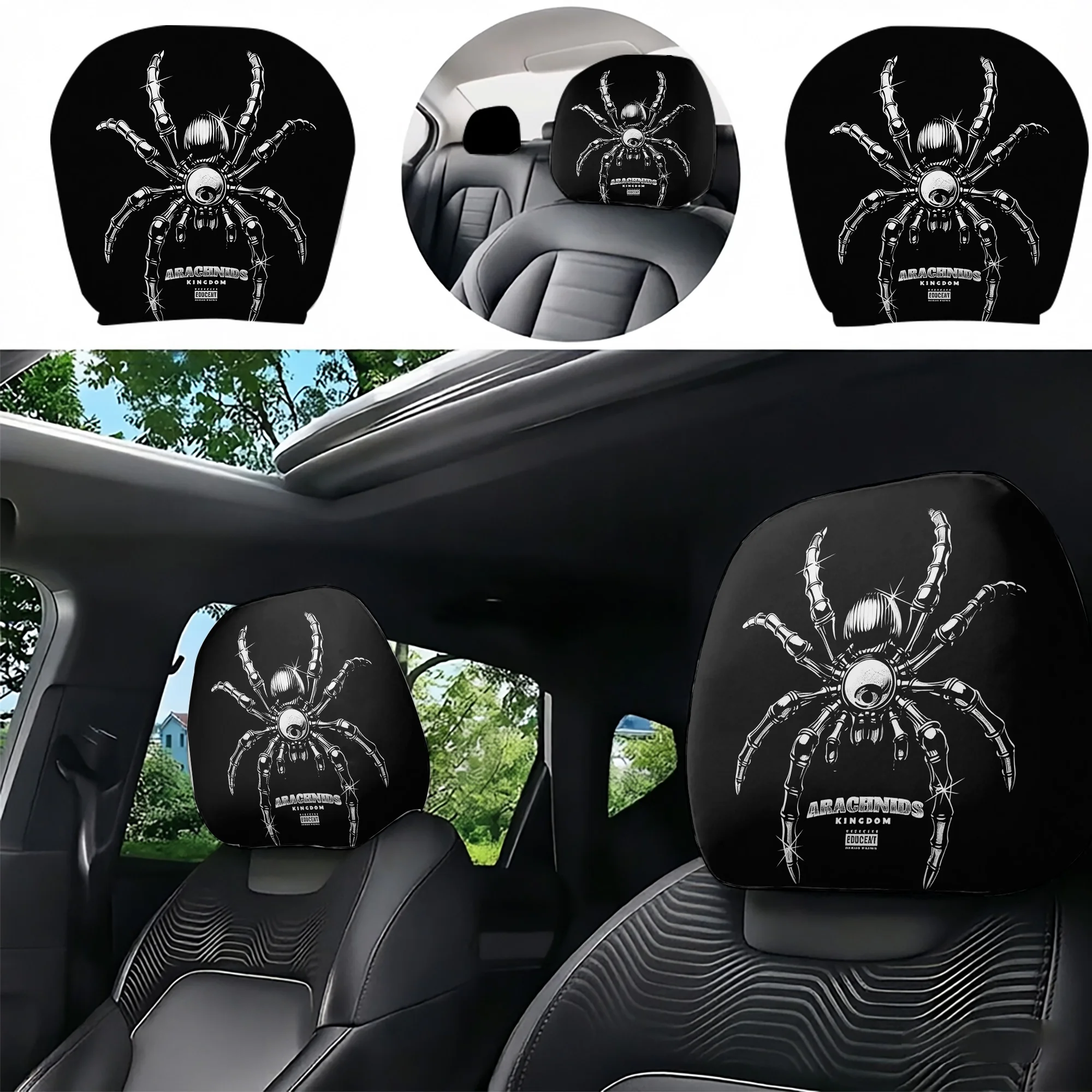 2pcs car headrest covers featuring a spider design, adding bold personality to your car’s interior. Filling not included. Easy t