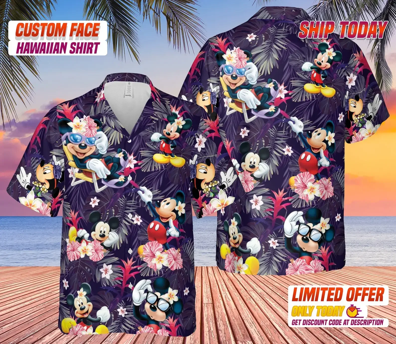 Camisa hawaiana de Mickey Mouse para hombre, camisa con botones, Floral Tropical de Disney, transpirable, para playa, novedad de 2024