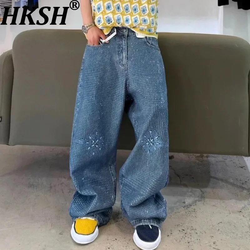 HKSH Spring Autumn New Men Tide Punk Full Shiny Jeans Unisex Straight Niche Design Multi Diamond Trendy Long Denim Pants HK15546