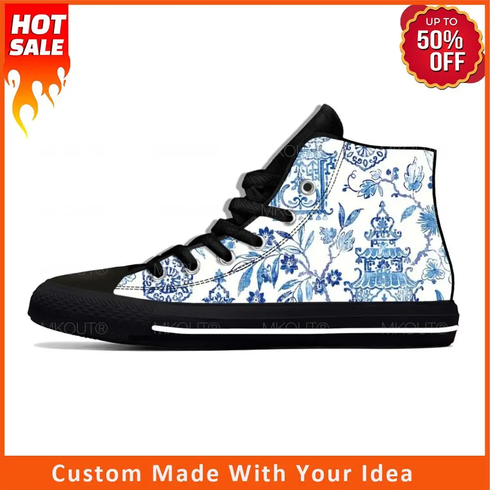 

Синие и белые текстильные туфли с рисунком ивы в стиле китайской пагоды, удобные дышащие кроссовки с высоким верхом и 3D принтом для мужчин и женщин