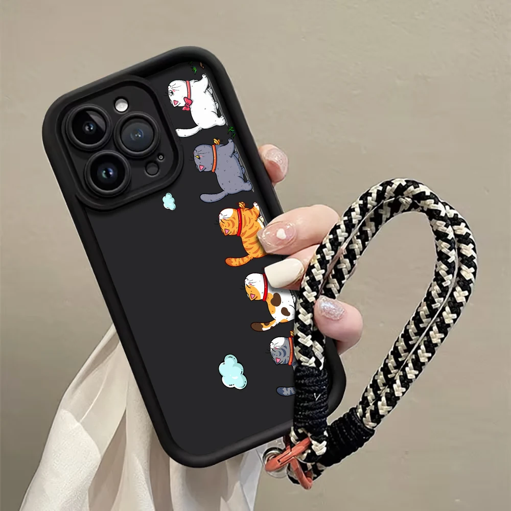 Katzen in Reihe Gurt-Seil-Handyhülle für iPhone 11 12 13 14 15 16 17 Pro Max 15 14 13 Plus 17E XR Stoßfeste Matte Silikonhülle – Detail 1