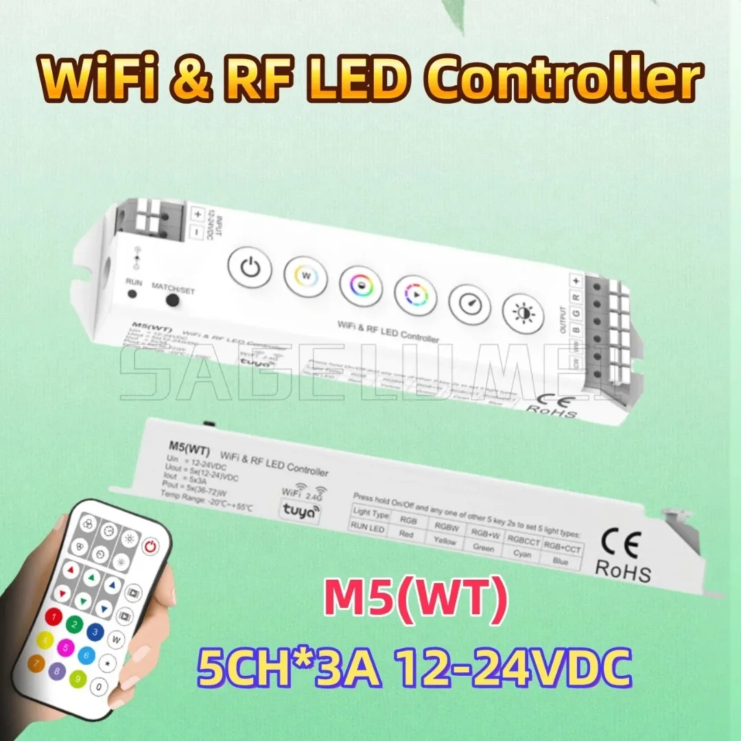 

M5 (WT) Skydance 12-24VDC WiFi&RF CV Controller Buttons Constant Voltage Output Tuya Alexa Control for RGB RGBW RGBCCT LED Strip