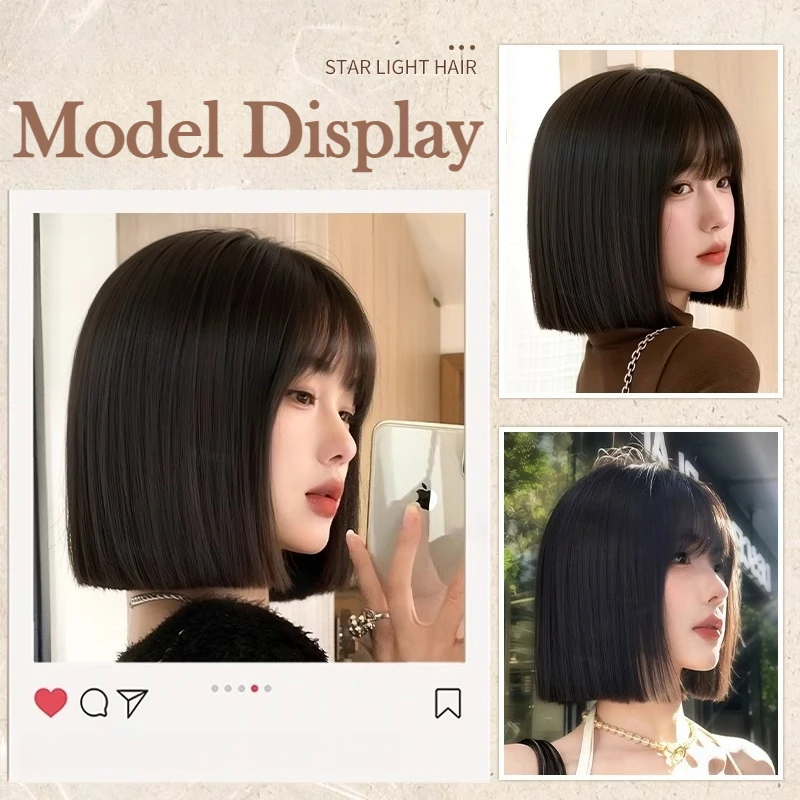 12 بوصة قصيرة مستقيم بوب شعر مستعار مع الانفجارات الاصطناعية الطبيعية تأثيري شعر مستعار للحفلات اليومية للنساء رقيق خصلات الشعر المستعار غطاء رأس كامل #5