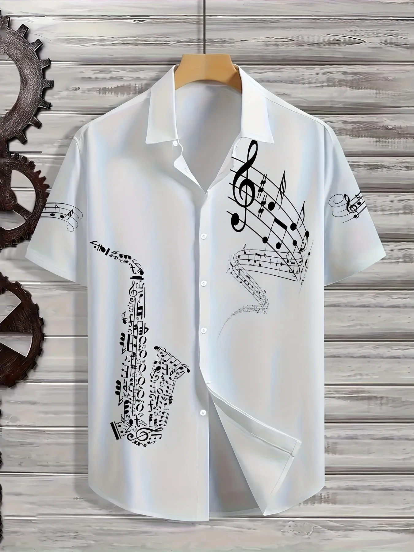 Camisa de manga corta para hombre con estampado de notas musicales de saxofón, cuello vuelto, abotonada, informal, para verano.