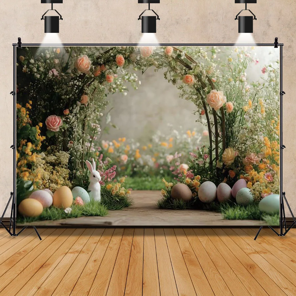 سعيد عيد الفصح موضوع الربيع الملونة البيض أرنب قوس الباب زهرة حفلة عيد ميلاد خلفية الطفل صورة التصوير الخلفية