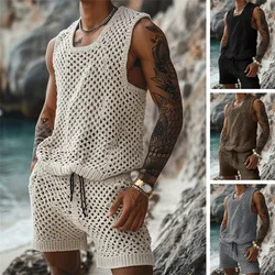 2024 Summer Men's Casual Knitted Two Piece Sets Solid Loose Tank Tops and Shorts Beach Sports Suit Men Hollow Out Streetwear