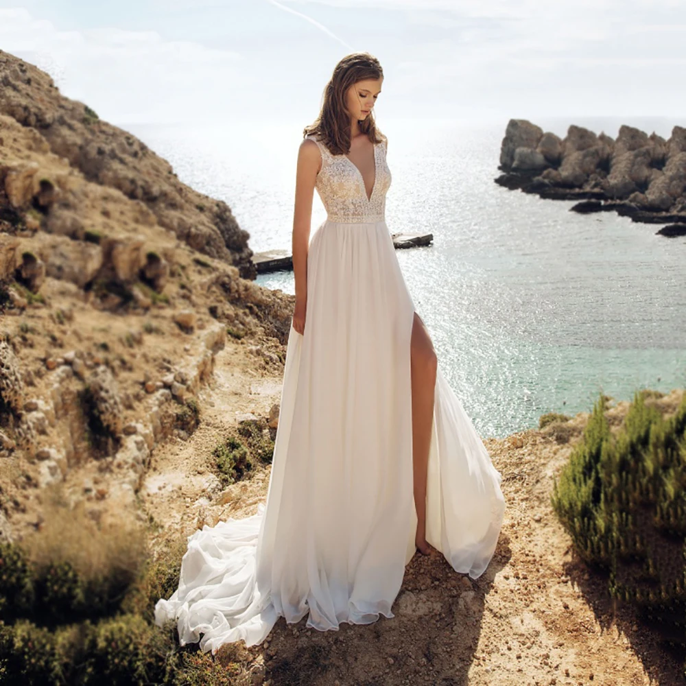 

Msikoods 2025 Wedding Dresses Lace Appliques V Neck Open Back Boho Bridal Gown Sexy High Slit Beach Bridal Dress Customized