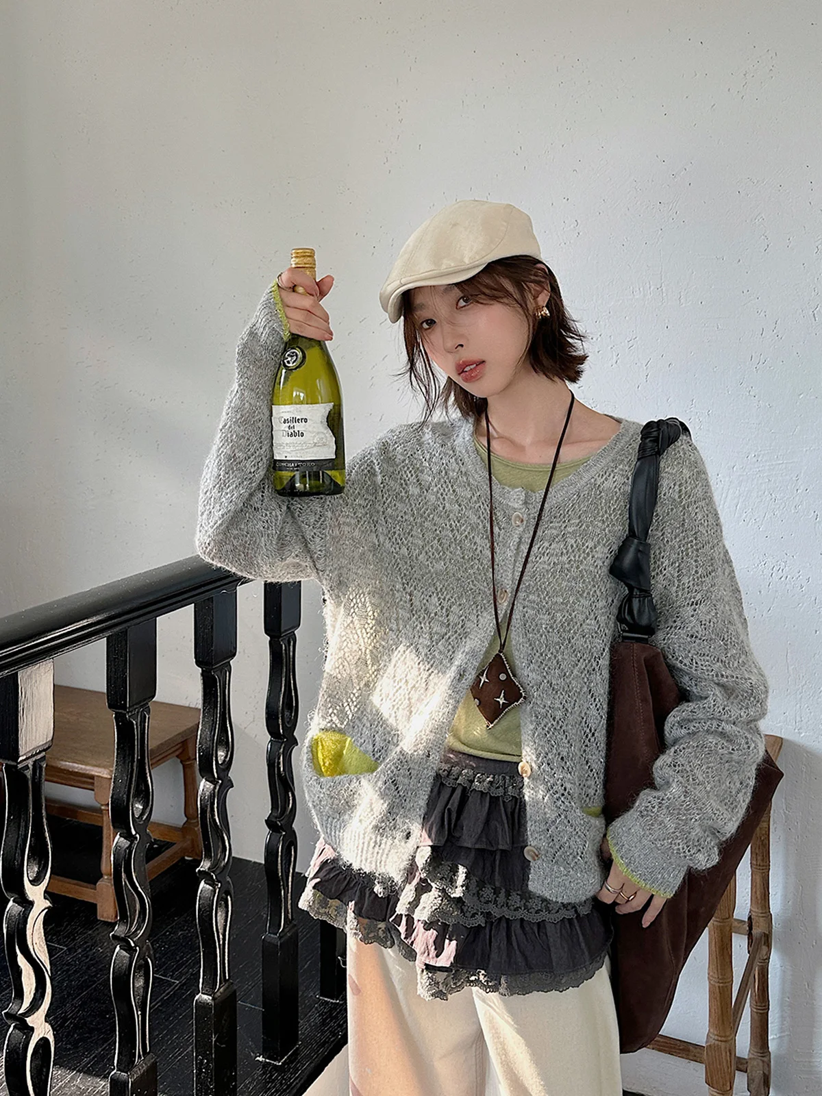 

REREK Hollow out round Ne Color Blo Fce Knit Open Cardigan Casual Sle Loose Fit Polyester Fiber Women's Swe...