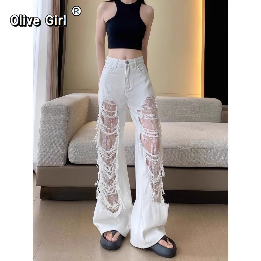 Olivegirl High Street American Jeans with White Lace Splicing Piercing Hole Wide Leg Denim Jeans Women 2026 Summer Loose Slim