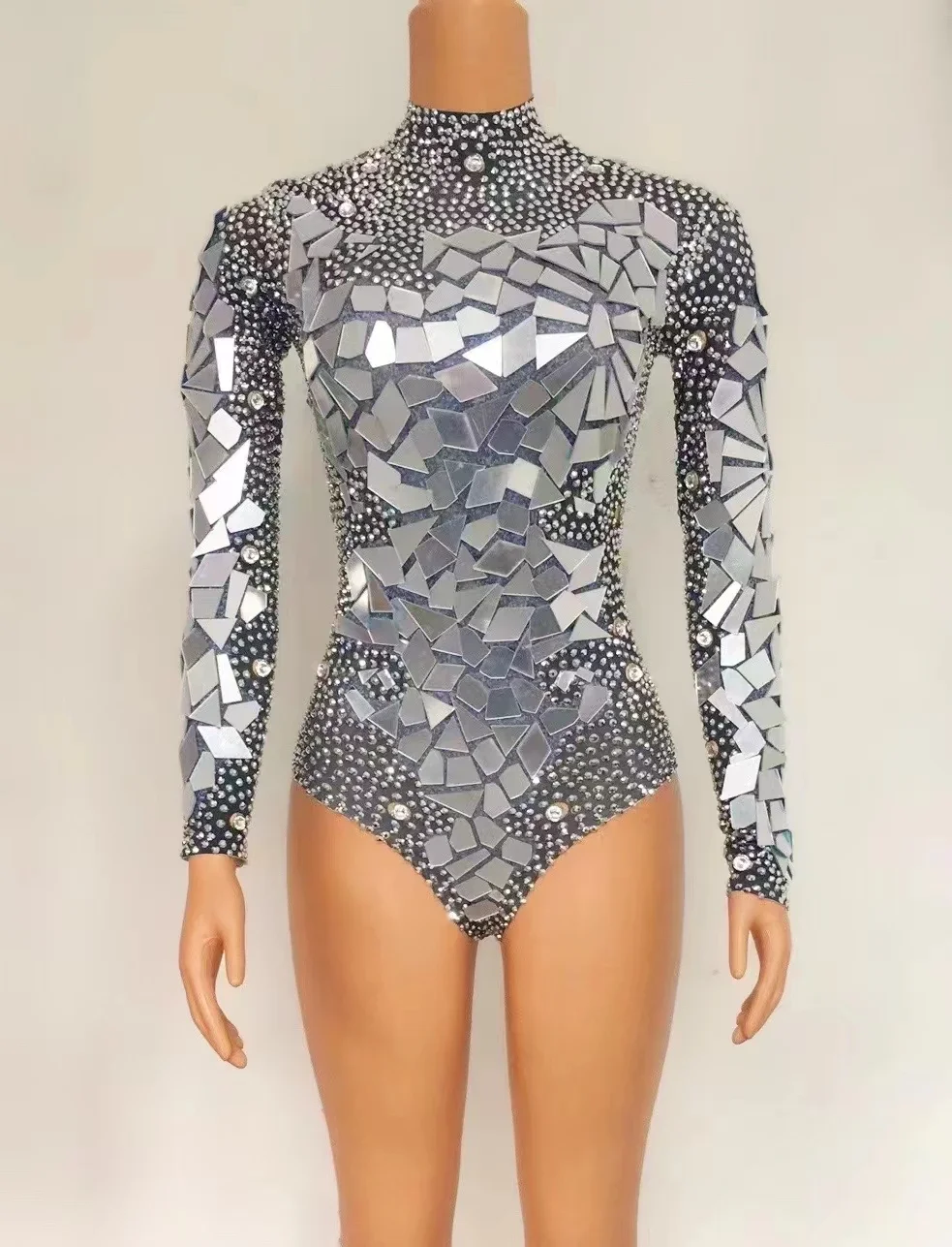 Fashion Silver Rhinestones Mirror Bar Nightclub Stage Crystal Bodysuit Performance Costume Women Birthday Celebrate Party Outfit