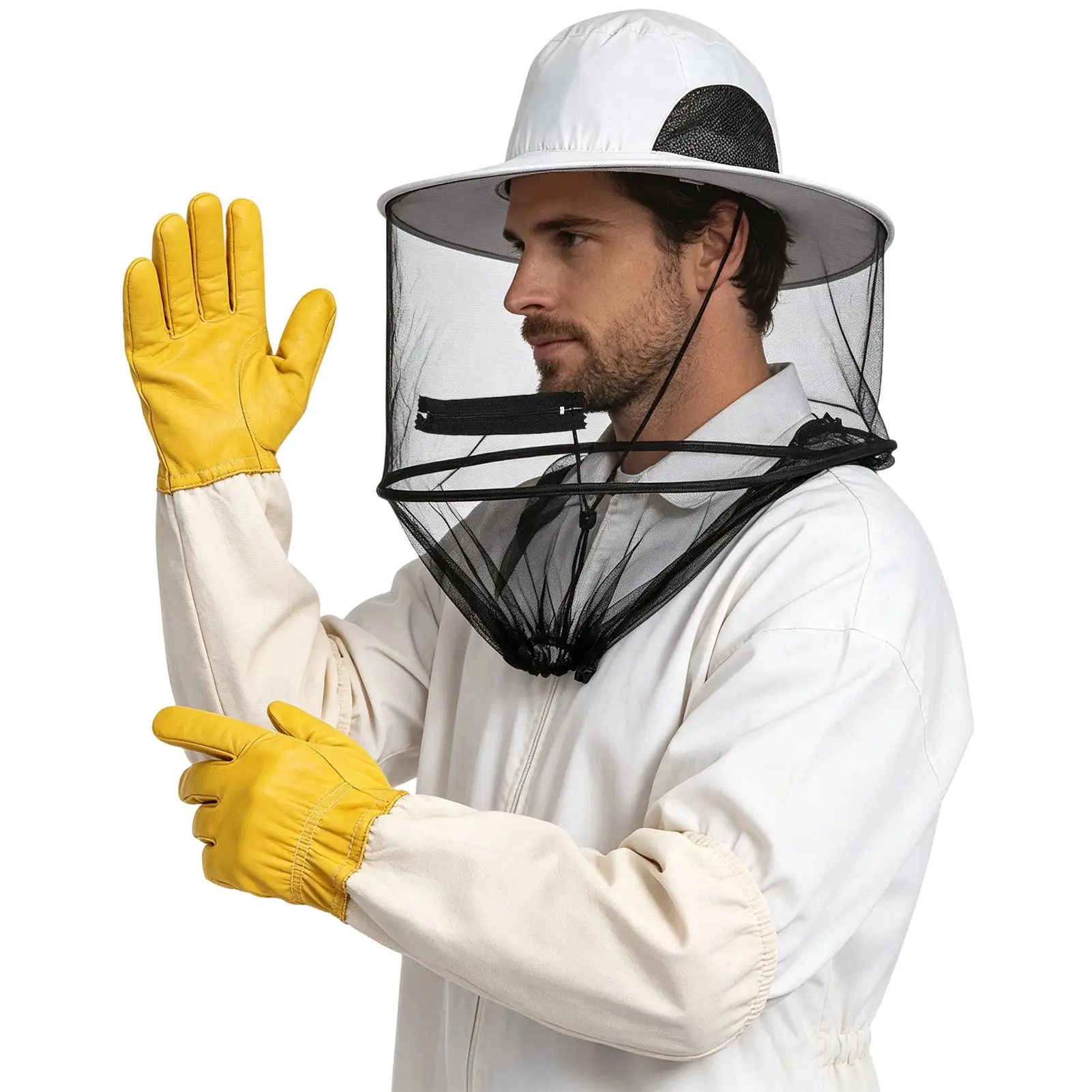 Beekeeping Protective Bee Hat  with Gloves Anti Bee White Hat-Veil Combo Repellent Bee Cap Bug Mesh Mask Bee-keeping Protection
