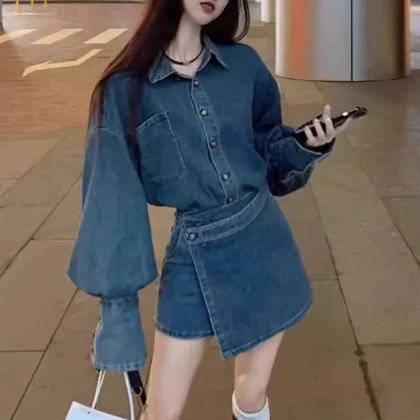 سلسلة الملح أوائل الخريف المرأة الجينز معطف قطعتين مجموعة القطن الدنيم الركبة طول تنورة خمر هونغ كونغ نمط ضوء Maturity #2