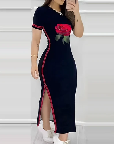 Imagen 2 del producto Vestidos para mujer, moda de verano 20224, estampado de rosas a rayas, abertura lateral, informal, cuello redondo, manga corta, ajustado, diario, vestido largo de línea A