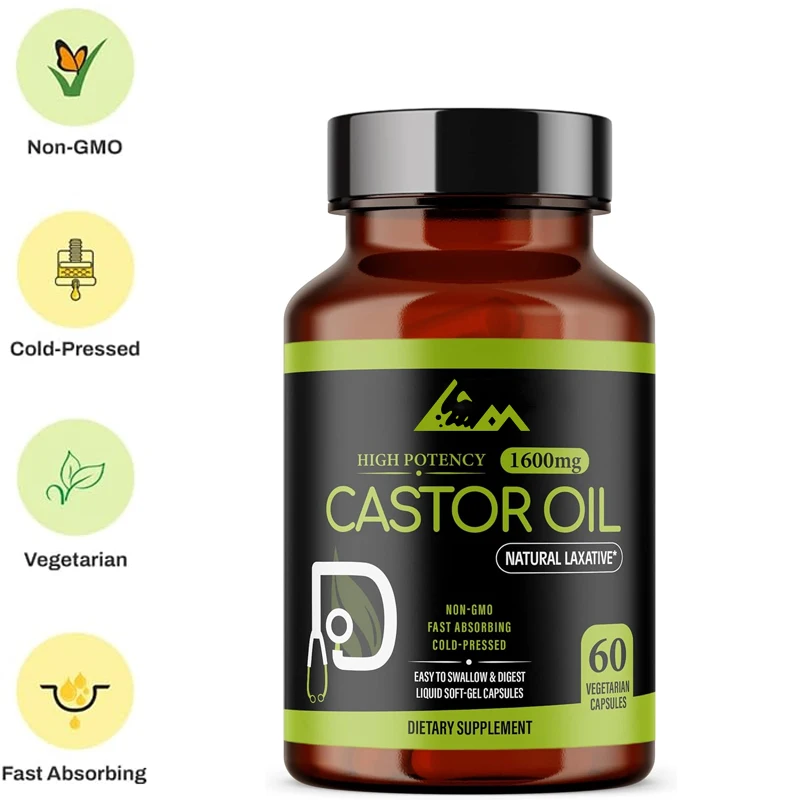 Castor oil 1600mg | Non GMO | Vegetarian, cold pressed, high potency -60 capsules