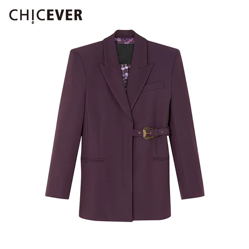 CHICEVER Solid Patchwork Side Belt Formal Blazers for Women Notched Collar Long Sleeve Spliced Pocket High Quality Coats Female