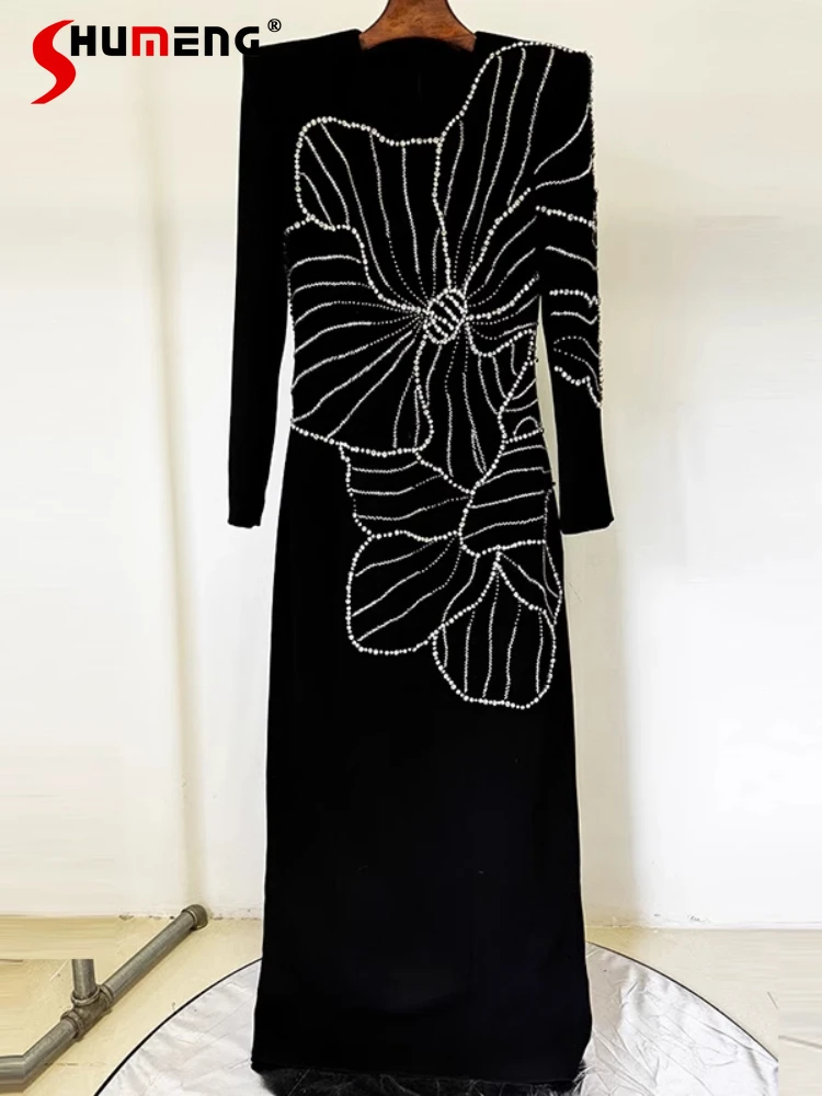 

Women's 2025 New Temperament Dress Beaded Diamond-encrusted Long-sleeve Long Dress Feminine Trendy Nice Solid Color Long Dresses
