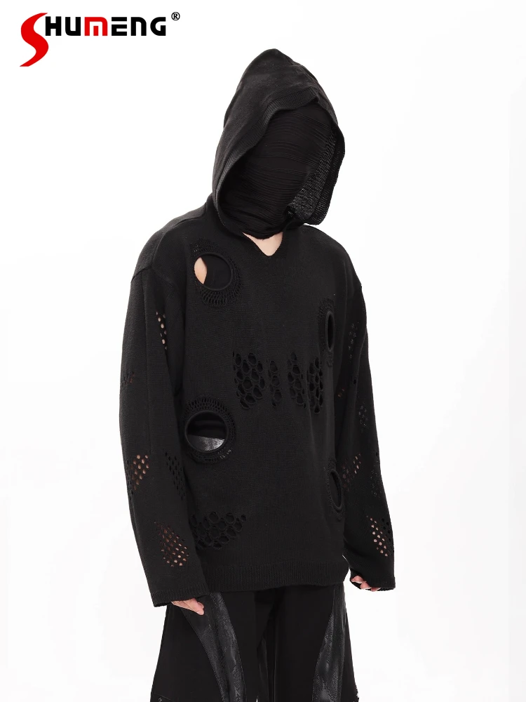 

Fashion High Street Hollow Out Hooded Knitwears Men 2025 Autumn New Loose Trendy Pullover Sweaters Male Long Sleeve Knitted Tops