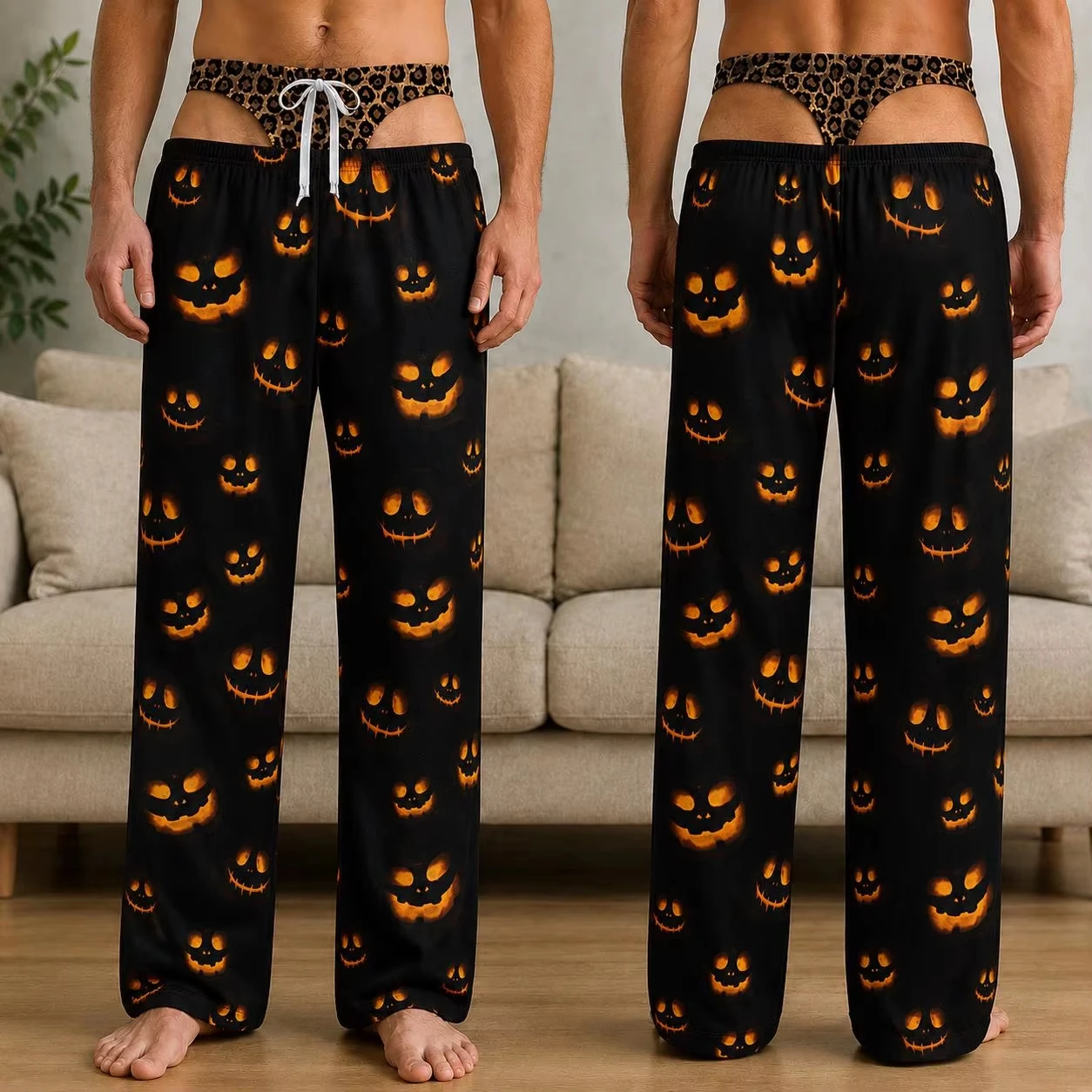 New Men's Halloween Sleepy Pants with Fun Pumpkin Bat Print Wide Leg Pants for Casual Autumn Holiday Party Home Sleepy Pants