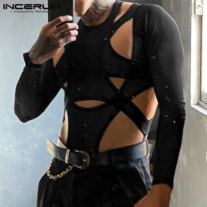 INCERUN-body Sexy para hombre, ropa de calle de manga larga con cuello redondo, Irregular, Tops de Fitness ahuecados, S-5XL