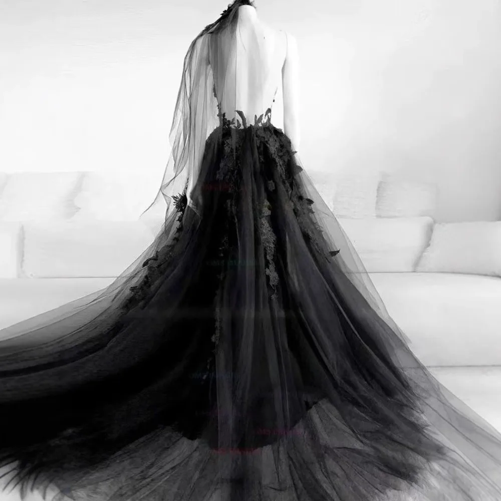 Sexy V-Neck Lace Embroidery Wedding Dress with Side Slit Backless Floor-Length Black Dress for Bride to Be Wedding Women Gown