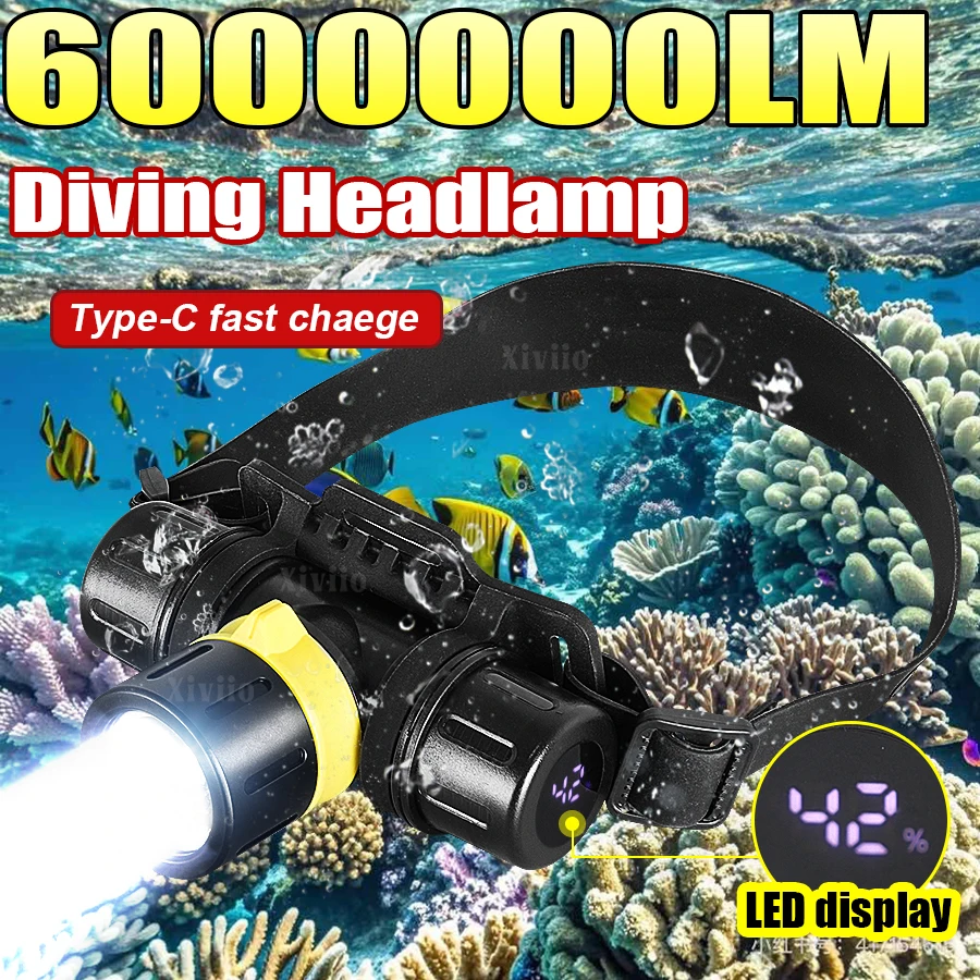 6000000LM Professional XHP70 LED Diving Headlamp Bright Rechargeable OLED Display Underwater Head Torch Fishing Camping Lantern
