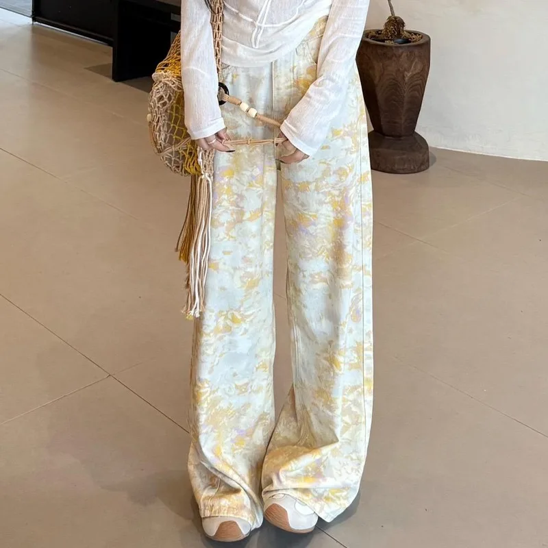 

Y2K винтажные широкие джинсы в западном стиле с желтым принтом тай-дай, женские весенне-летние новые повседневные прямые брюки с высокой талией