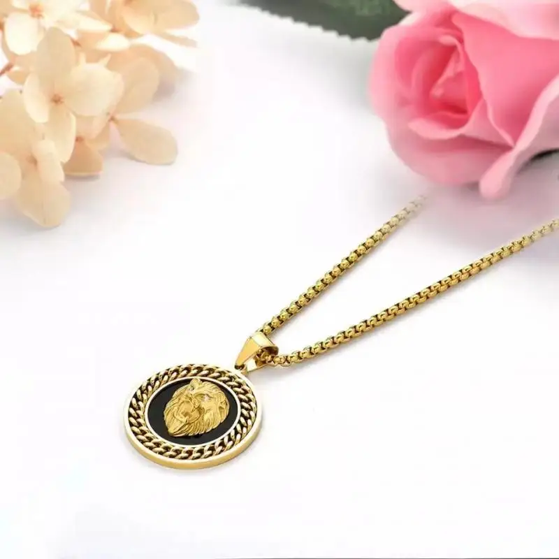 Hip Hop Gold Farbe 3D Runde Lion Head Anhänger Kette Medaille Halskette Männer Frauen Rock Rapper Schmuck Geschenke