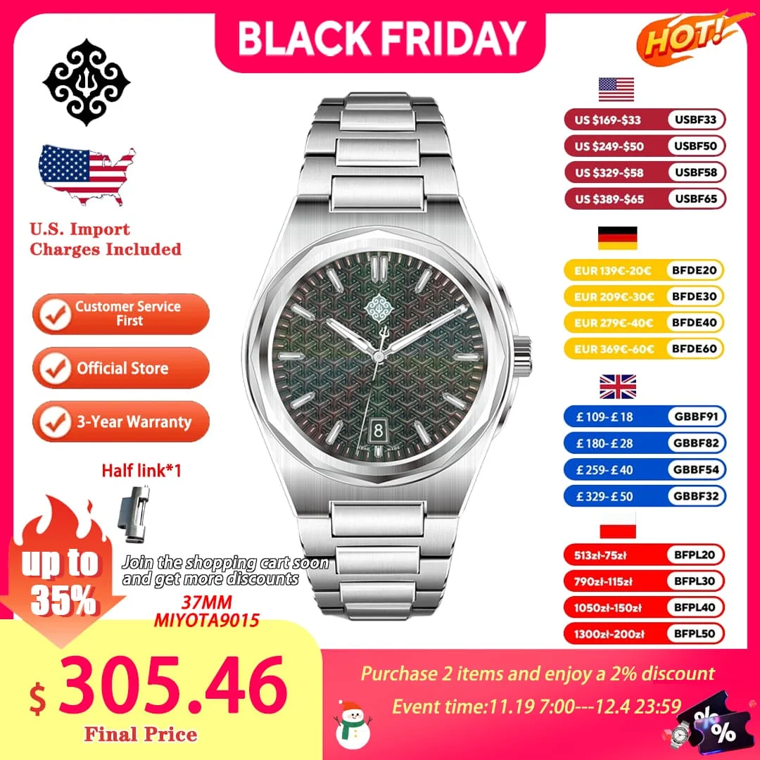 IX&DAO 2025 New 37mm Warrior Men's Automatic Mechanical Watch Miyota 9015 Movement Sapphire Stainless Steel Waterproof 10Bar BGW