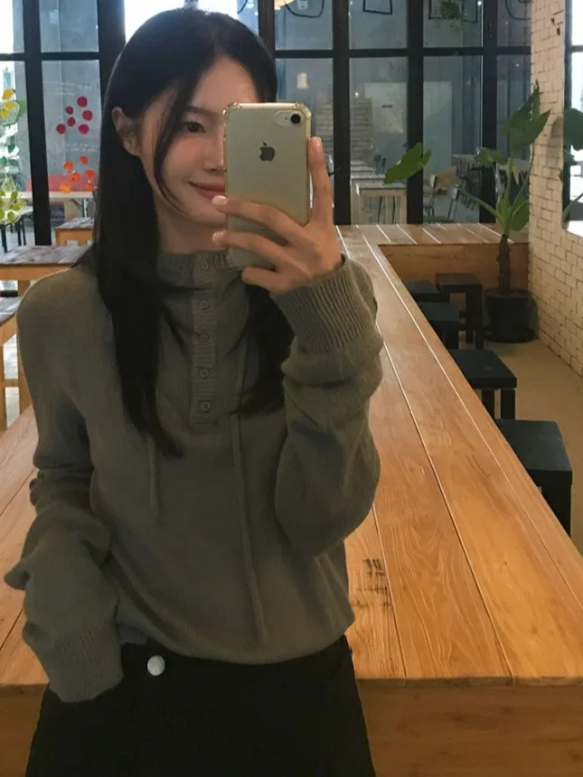 Coreano Sle Long Sve Malhas com capuz Feminino Outono Inverno Botão Faionable Ne Suéter All-Match Ele Crew Ne Sw...