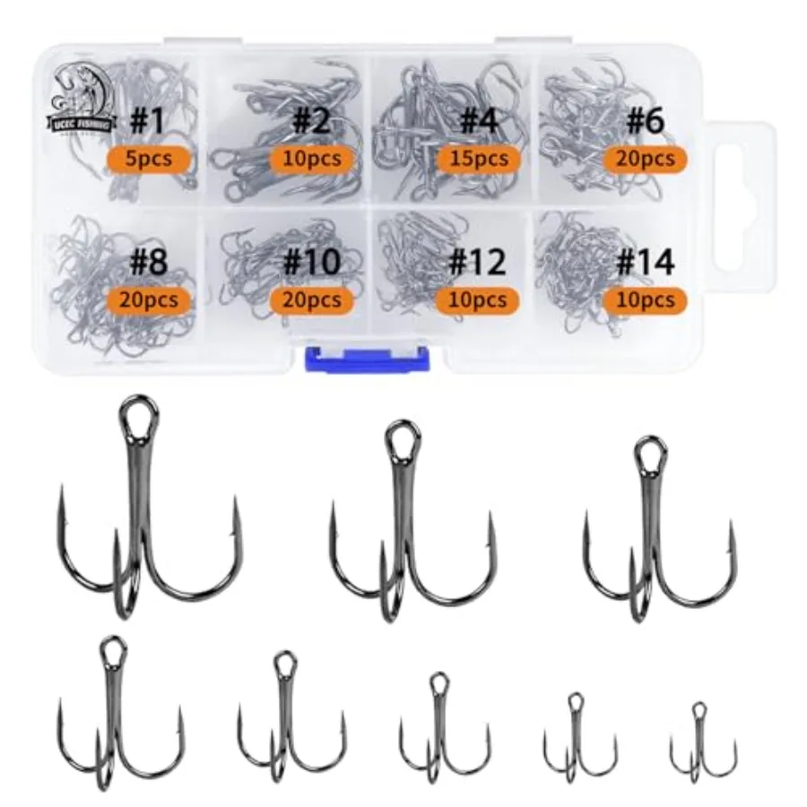 Fishing Hooks Treble Hooks Kit for Saltwater Freshwater, High Carbon Steel Strong Sharp Round Bend for Catfish Trout Hard Baits