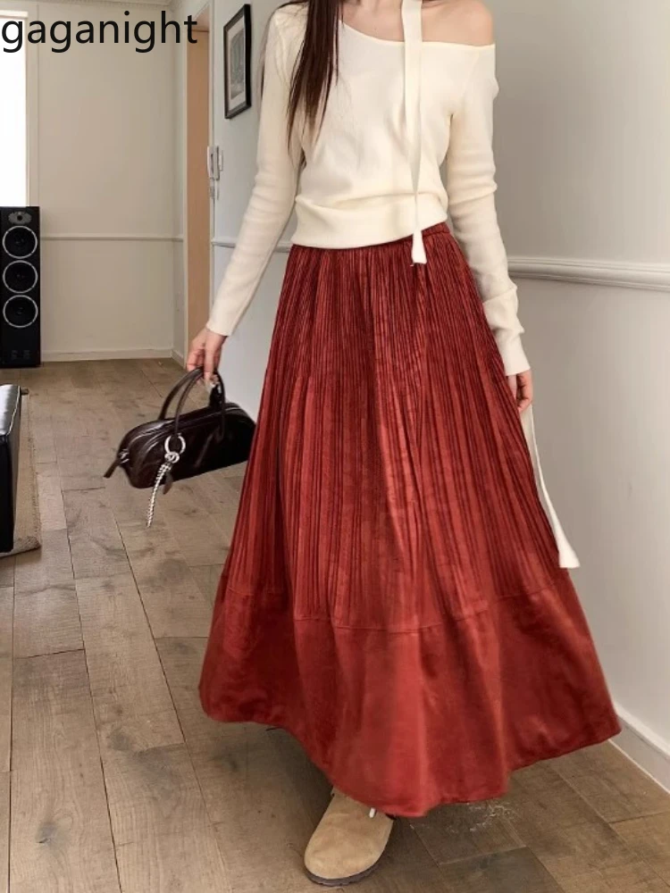 Gaganight Women Temperament Red Velvet Half A Line Skirt 2024 Women's Autumn New Vintage High Waisted Pleated Mid Length Skirt